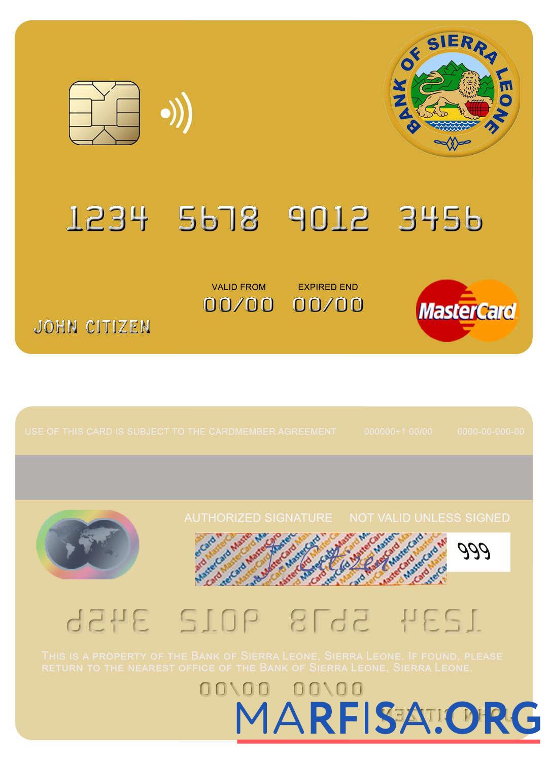 Blank Sierra Leone Bank of Sierra Leone mastercard real example